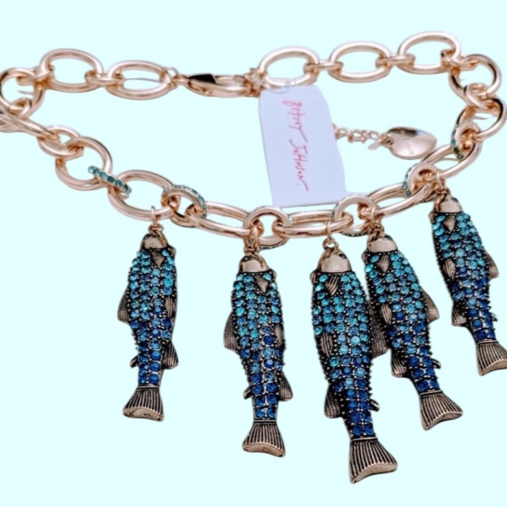 BETSEY JOHNSON Mermaid Jewels Blue Crystal-Studded Fish Charm Bib Necklace NWT - Picture 2 of 6